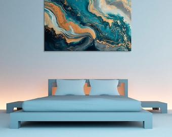 Abstracto fluido en verde azulado y dorado – Impresión giclée en lienzo, arte mural moderno