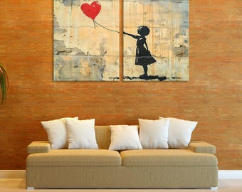 Graffiti of Girl Holding Heart-Shaped Balloon – Urban Street Art Decor