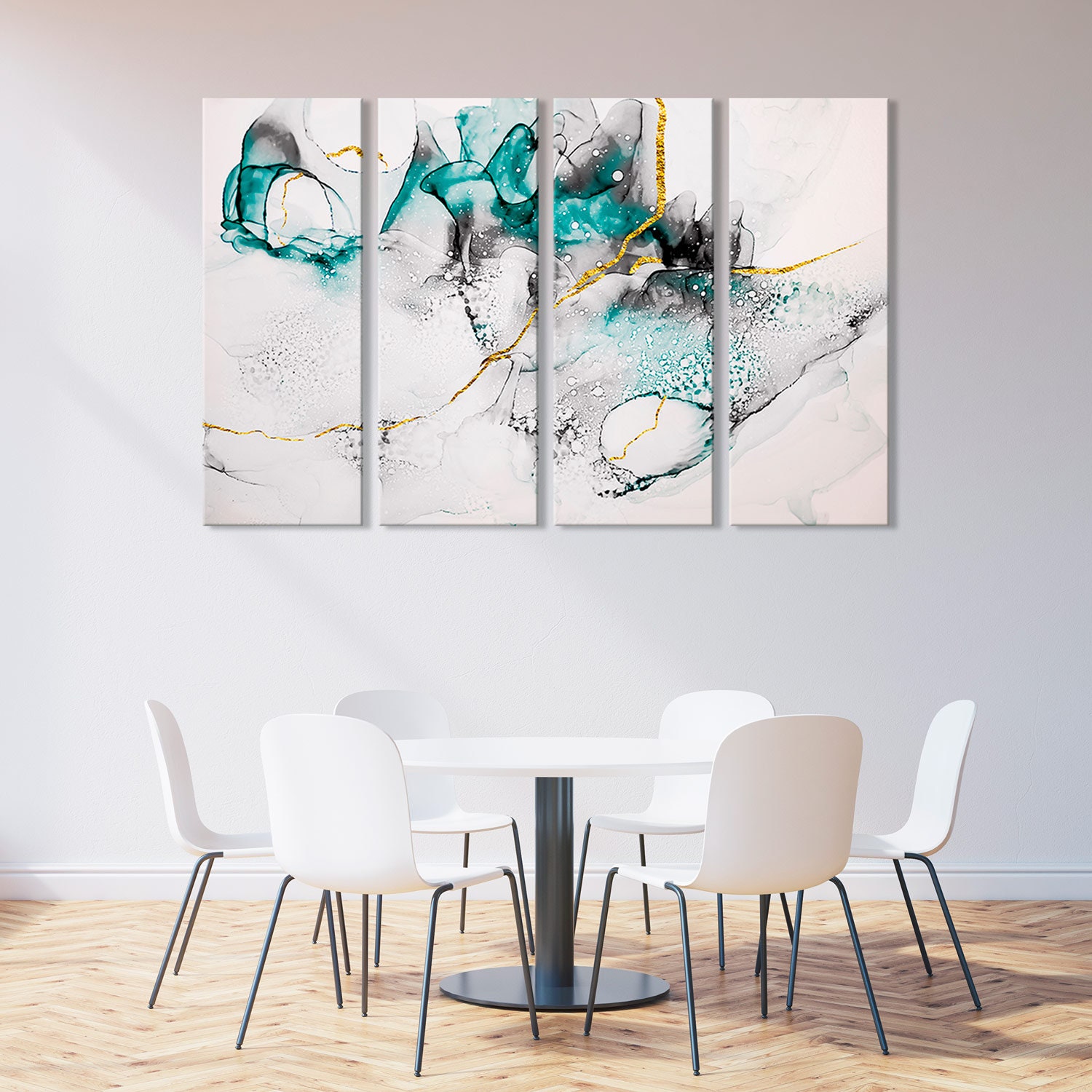 ターコイズホワイトゴールドの斑点抽象画、モダンなウォールアート