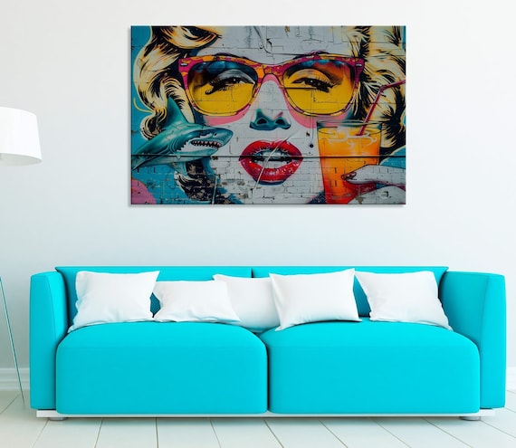 Graffiti Art Girl With Shark Canvas Print, 50s Style Wall