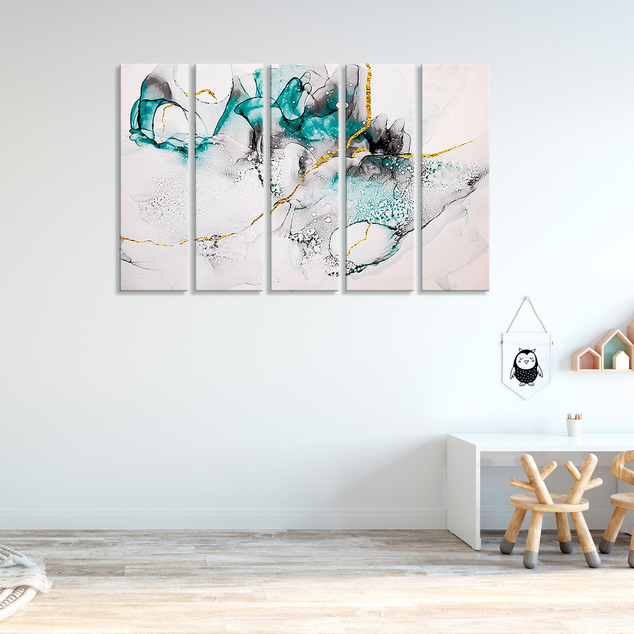 ターコイズホワイトゴールドの斑点抽象画、モダンなウォールアート