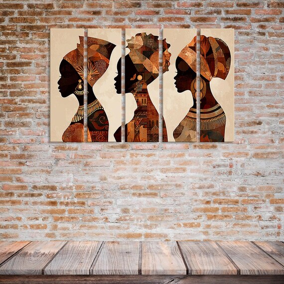 ジクレーキャンバスプリント - アフリカの女性のシルエットと民族模様