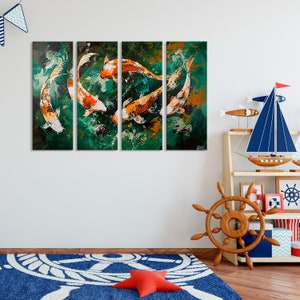 May include: A multi-panel canvas painting of five orange and white koi fish swimming in a green pond. The fish are painted in a realistic style with splashes of colour in the background.
