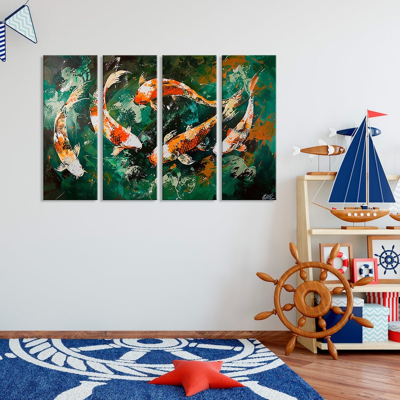 May include: A multi-panel canvas painting of five orange and white koi fish swimming in a green pond. The fish are painted in a realistic style with splashes of colour in the background.