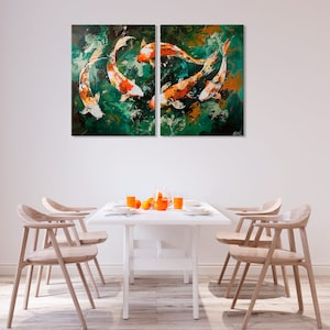 May include: A set of two abstract paintings featuring a group of orange and white koi fish swimming in a green and blue water background.