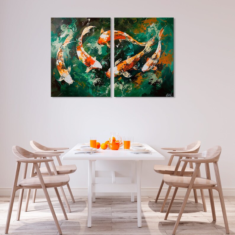 May include: A set of two abstract paintings featuring a group of orange and white koi fish swimming in a green and blue water background.