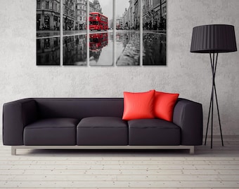 Poster Mural Londres - Bus Rouge Et Cabine Téléphonique - Impression Sur Toile Unique - Style Doodle