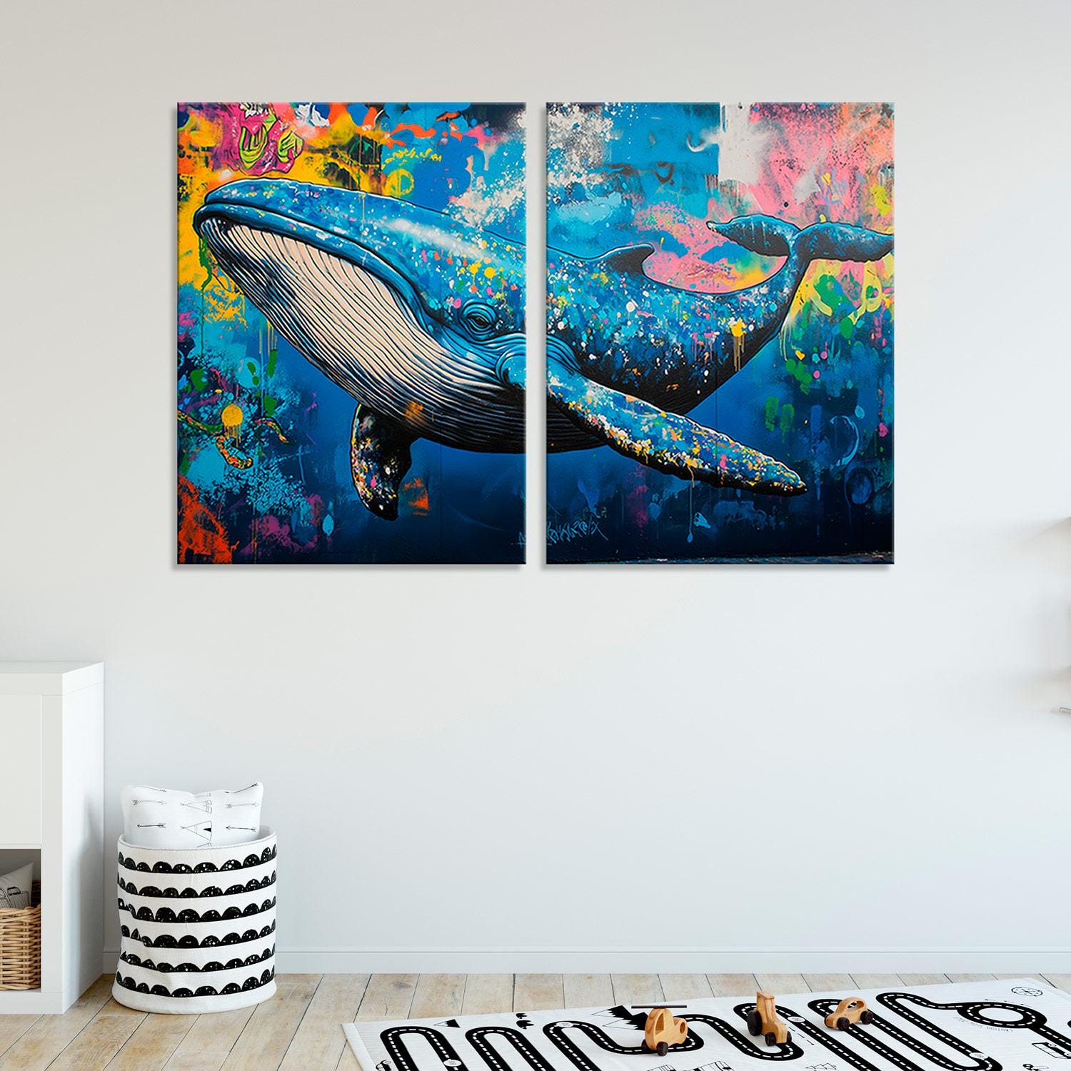 Colorful Graffiti of a Blue Whale With Vibrant Street Art Elements
