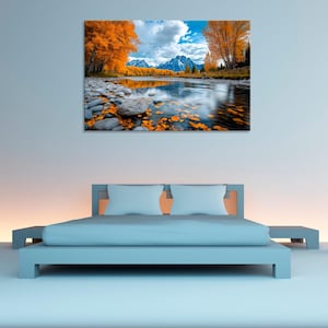 Autumn Mountain River, Scenic Fall River View, Nature Wall Art