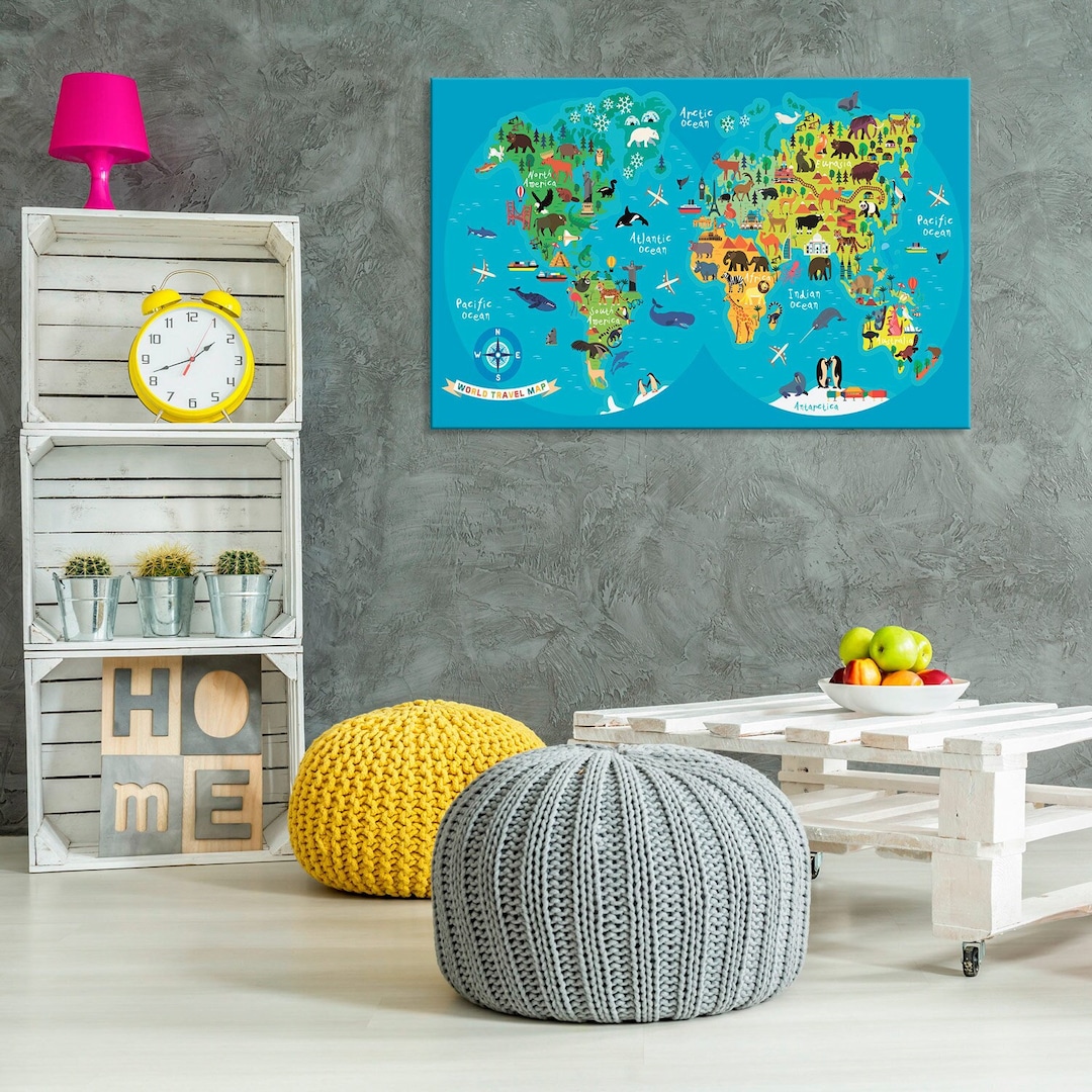 Kids' World Map Canvas: Playful Animal Geography, Kids Decor - Etsy