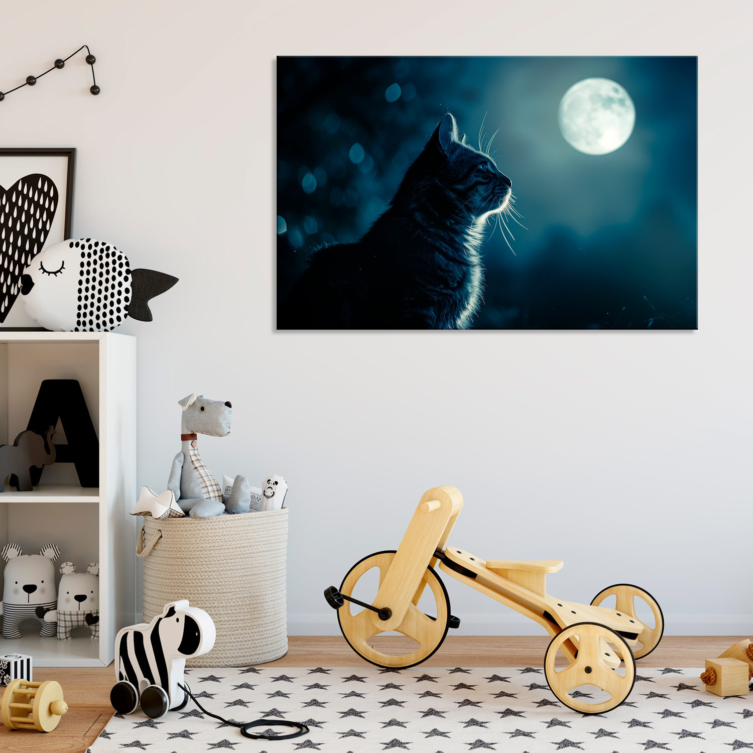 月明かりに照らされた猫のキャンバスプリント：神秘的な猫と月の壁