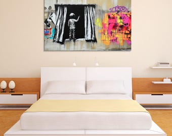 Graffiti Style Canvas Art: Boy on Window, Urban Street Art