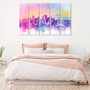 Seattle City Skyline Giclée Canvas Print – Watercolor Style with Space Needle & Mount Rainier