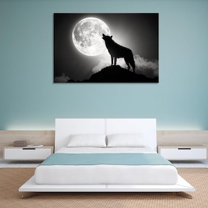 Lone Wolf Howling at the Moon – Black & White Giclée Canvas Print