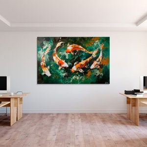 May include: Abstract painting of five orange and white koi fish swimming in a green pond. The fish are painted in a loose, expressive style, with splashes of colour and texture.