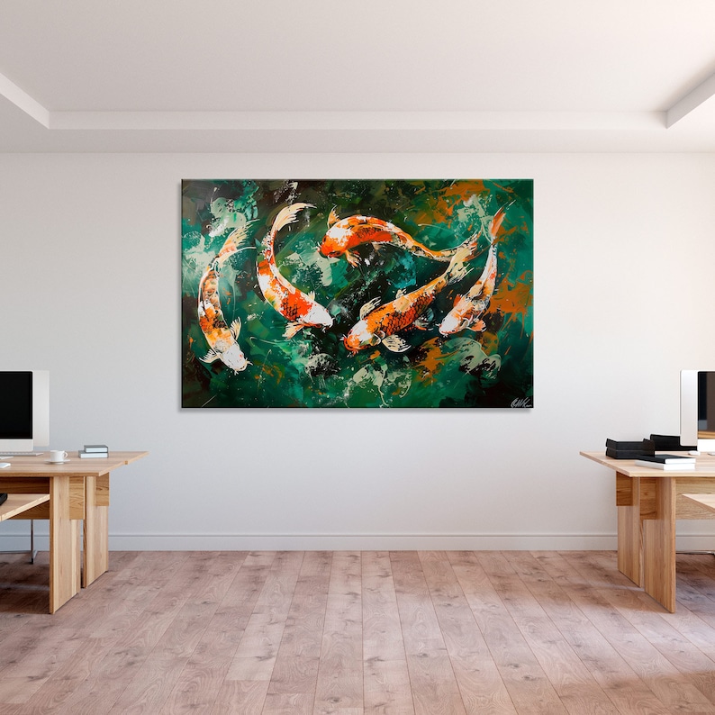 May include: Abstract painting of five orange and white koi fish swimming in a green pond. The fish are painted in a loose, expressive style, with splashes of colour and texture.