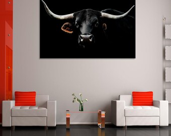 Black Longhorn Bull Canvas Print: Farmhouse Wall Art
