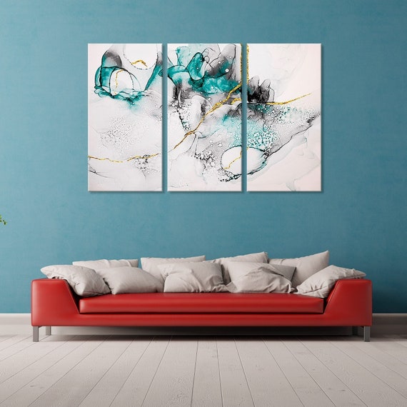 ターコイズホワイトゴールドの斑点抽象画、モダンなウォールアート