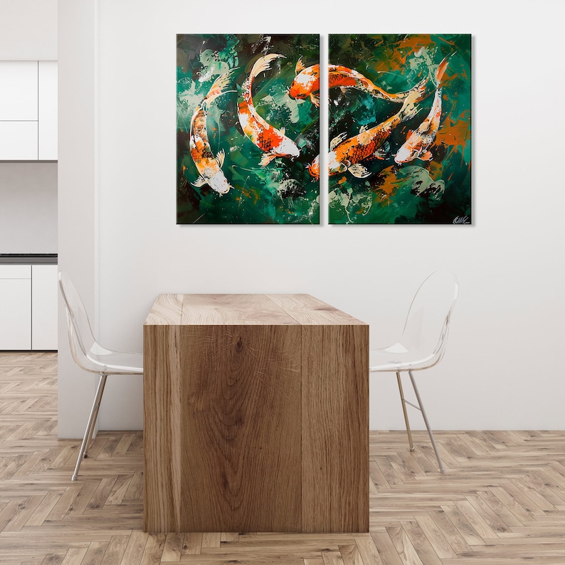 May include: A set of two abstract paintings featuring five orange and white koi fish swimming in a green and blue water background.