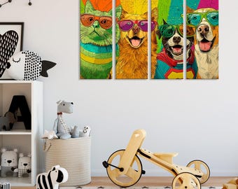 May include: A four-panel wall art set featuring stylized portraits of a cat and three dogs, all wearing sunglasses. The cat is green, the dogs are brown, black, and white. The artwork has a pop art style with vibrant colors and bold outlines.