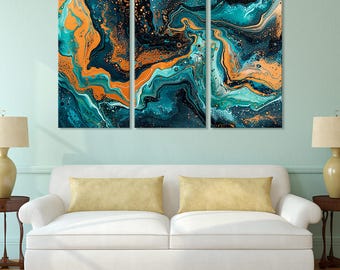 Arte fluido en verde azulado y dorado: impresión giclée abstracta sobre lienzo