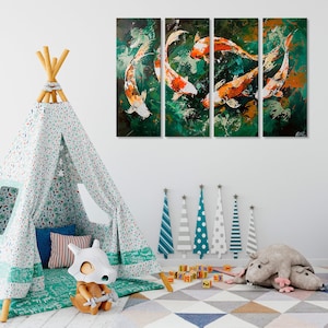 May include: A four-panel canvas print featuring a vibrant abstract painting of orange and white koi fish swimming in a green pond. The painting is set against a white wall in a room with a teepee tent and decorative trees.
