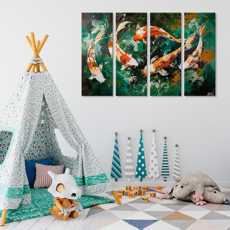 May include: A four-panel canvas print featuring a vibrant abstract painting of orange and white koi fish swimming in a green pond. The painting is set against a white wall in a room with a teepee tent and decorative trees.