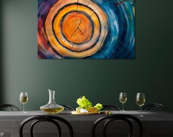 Bunte Baumringe Wandkunst, Abstrakte Holzscheibe Druck, Natur Inspiriert Leinwand, Rustikales Dekor