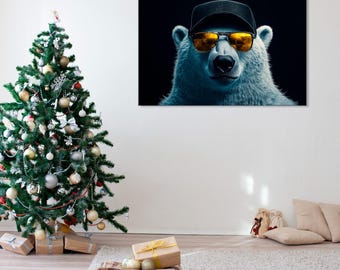 Polar Bear Art Print – Sunglasses, Cap, Trendy Wall Decor Canvas