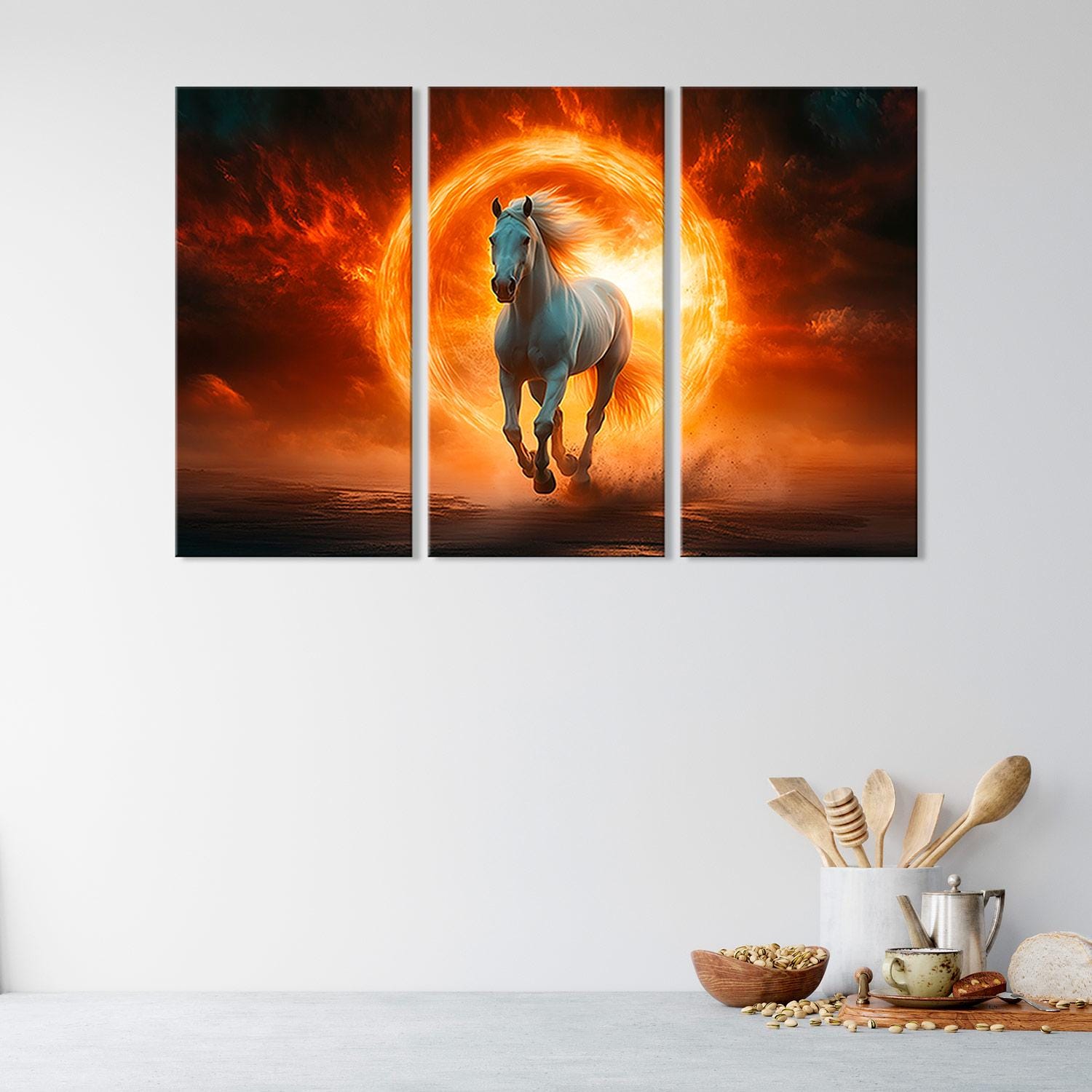 太陽に向かって走る白い馬 - 雄大な壁アートプリント - Etsy 日本
