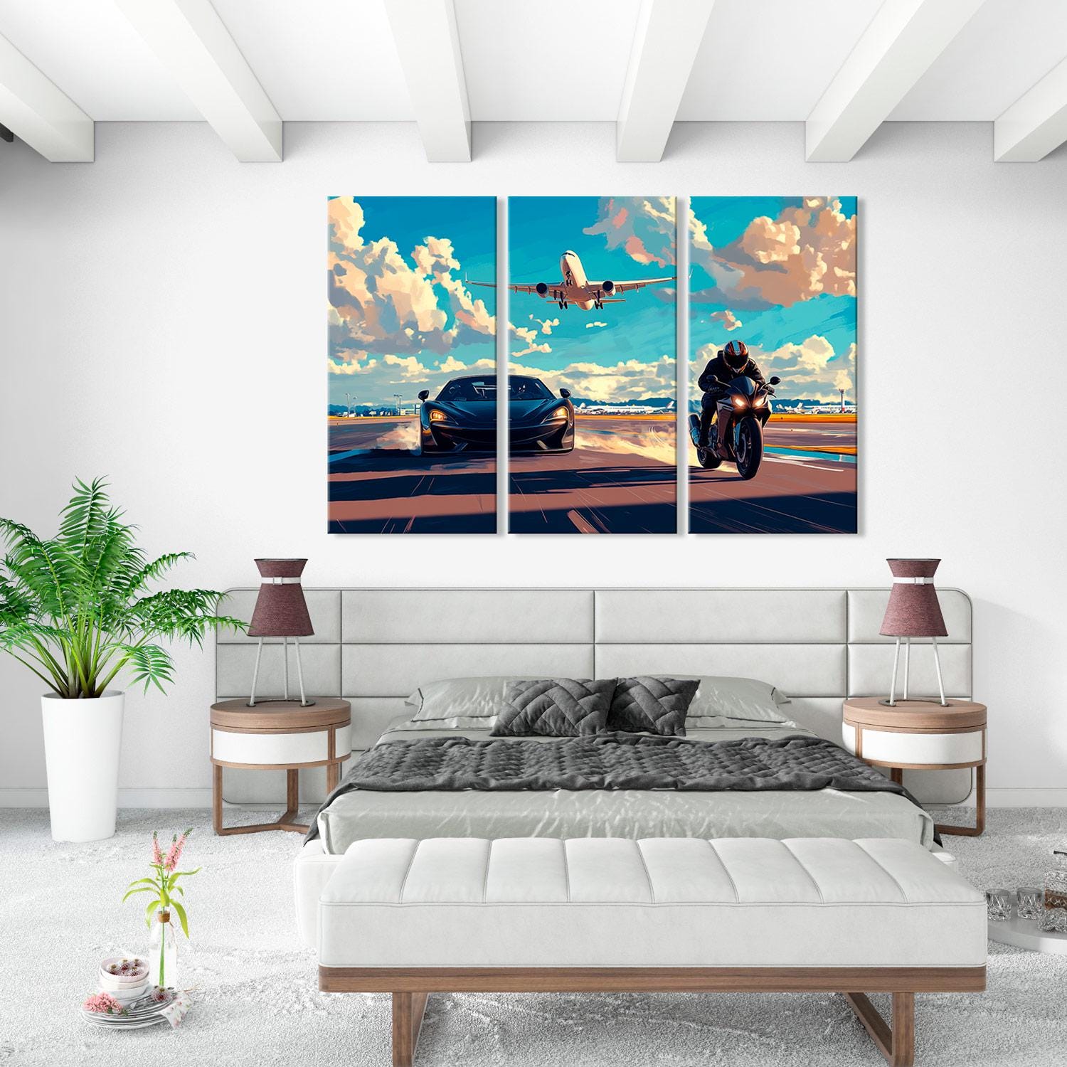 Sports Car Racing Against Sport Bike on Runway with Airplane in Background - Dynamic Decor for Car Enthusiasts