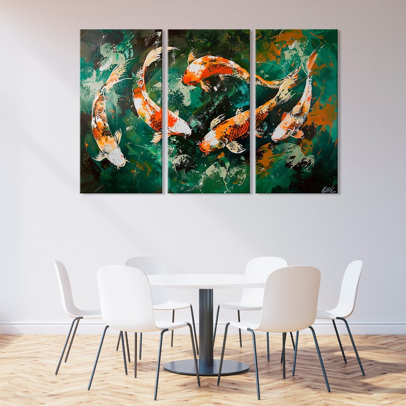May include: A triptych painting depicting five orange and white koi fish swimming in a green pond. The fish are painted in a realistic style with splashes of white and orange paint.