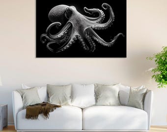 Black and White Octopus Art | Minimalist Ocean Wall Decor | Monochrome Marine Print