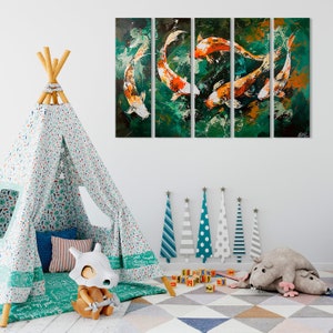 May include: A five-piece canvas wall art set featuring a colourful abstract painting of orange and gold koi fish swimming in a green and blue water background.