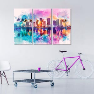 Giclée Canvas Print – Miami Skyline with Palm Trees in Vibrant Watercolor Style