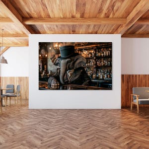 Elefante en el bar Canvas Print, Arte de pared divertido, Decoración peculiar, Arte animal moderno, Decoración de bar, Arte de pared único, Elefante con vidrio