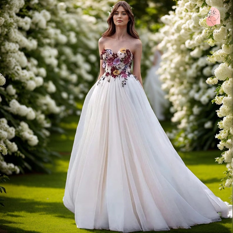 Dreamy 3D Floral Wedding Dress Custom A-line Tulle Gown Boho Fairy ...
