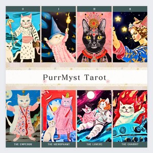 PurrMyst Tarot, produkt do pobrania w formacie pnd, z canva, 78 talii kart tarota, dane do pobrania, które można również dostosować.