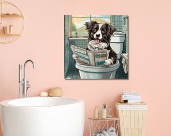 Square Canvas Wall Bathroom Painting Black and White Border Collie Reading Newspaper Bathroom Wall Painting Wall Art Home Decor Home Gift