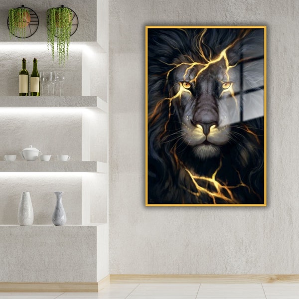 Peinture imprimée de haute qualité sur verre trempé avec cadre en métal et portrait de lion doré sans cadre foudre cadeau pour la maison art mural salon