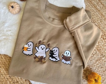 Halloween Embroidered Beige Sweatshirt – Pumpkin Ghosts Black Cat Book – Cozy Unisex Autumn Winter Sweater – Gift Sweatshirt for Women and Men