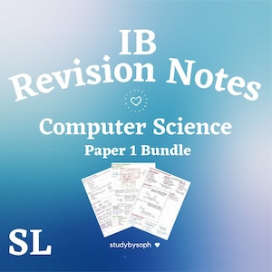 May include: IB Revision Notes Computer Science Paper 1 Bundle SL studybysoph. A blue background with a stack of white papers with handwritten notes on them. The papers are titled "IB Revision Notes Computer Science Paper 1 Bundle SL".