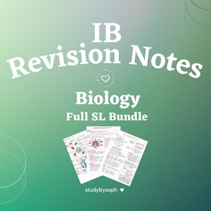 May include: IB Revision Notes Biology Full SL Bundle, a set of three study guides with colorful diagrams and text. The guides are on a green background with the text "IB Revision Notes Biology Full SL Bundle" in white.