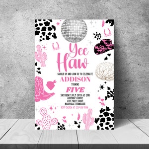 Editable Space Cowgirl Birthday Party Invitation Pink Disco Cowgirl Party Nashville Rodeo Birthday Party Any Age Party Instant Download