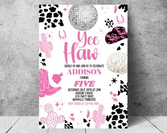 Editable Space Cowgirl Birthday Party Invitation Pink Disco Cowgirl Party Nashville Rodeo Birthday Party Any Age Party Instant Download