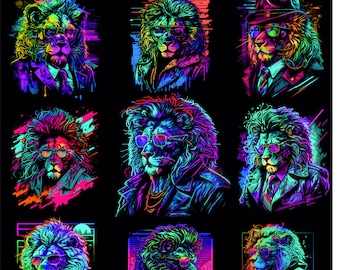 Lion PNG Bundle Tshirt Designs Urbanwear Streetwear T-shirt Design Commercial Use Png Digital Synthwave Retro Gangster Lion Bundle