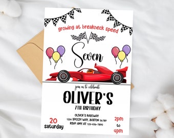 Editable Race Car 7th Birthday Invitation, growing at breackneck speed instant download