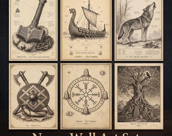 Zestaw dekoracji ściennych w stylu nordyckim, 6 ilustracji wikingów w stylu vintage, zestaw dekoracji Dark Academia Mythology