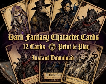 Karty postaci z gatunku Dark Fantasy | 12 kart RPG do druku | Nekromanta, czarnoksiężnik, lich | Pobierz natychmiast