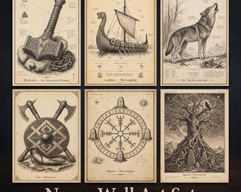 Norse Wall Art Set, 6 Vintage Viking Prints for Dark Academia Decor